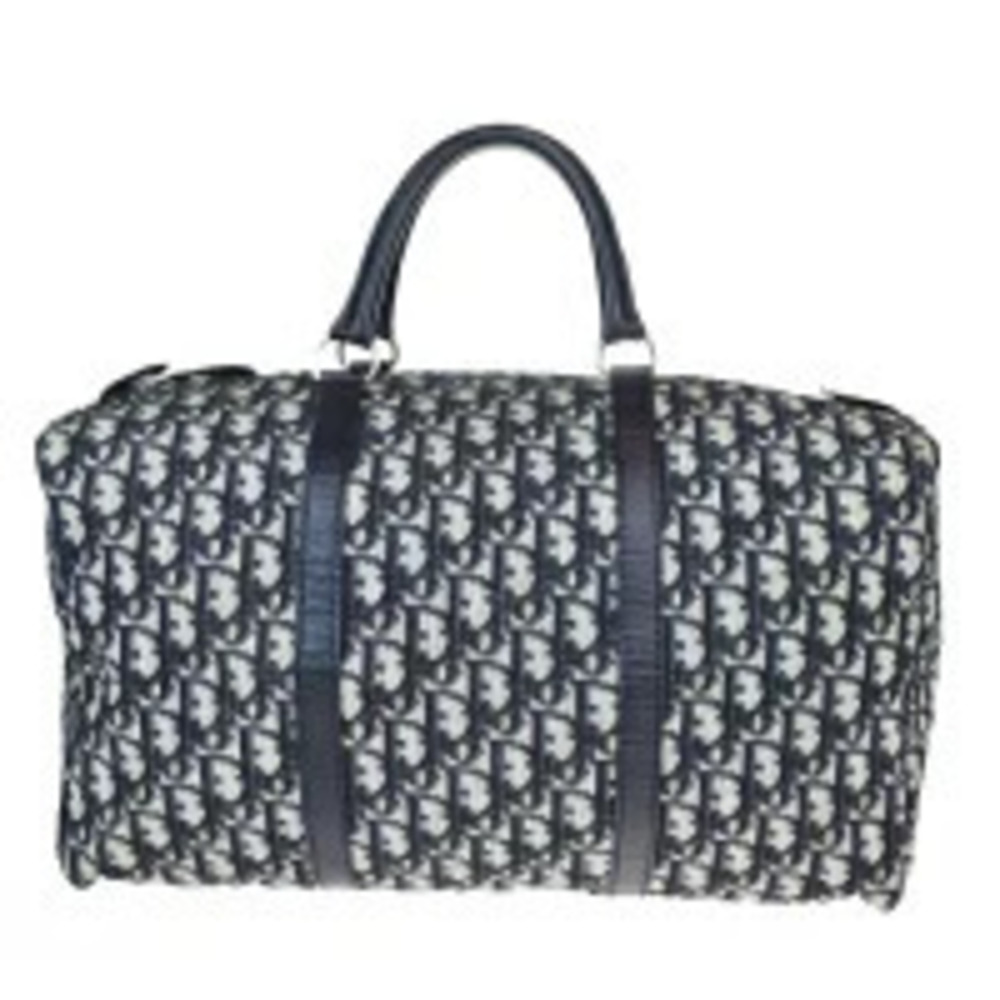 Christian Dior Trotter Handbag Boston Navy Blue Canvas Leather